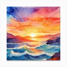 Watercolor Sunset With Waves Canvas Print