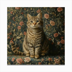 Cat On Floral Wallpaper Art Canvas Print