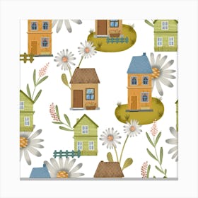 Seamless Pattern With Houses And Daisies Canvas Print