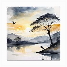 Heron scene in grey and gold 3 Canvas Print