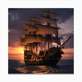 Pirate Ship At Sunset Canvas Print