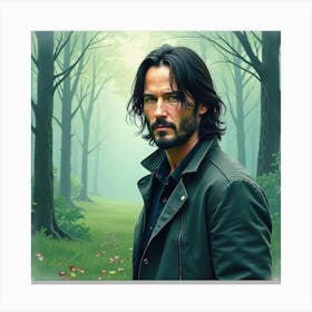 Watercolor Portrait Of Keanu Reeves In A Misty Forest, Soft Hues Of Green And Blue Canvas Print