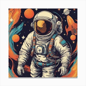 A Retro Style Astronaut Space, With Colorful Exhaust Flames And Stars In The Background Canvas Print