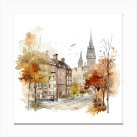 Watercolor Autumn City Street 1 Canvas Print