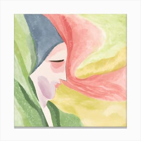 Abstract watercolor painting of a womans face with green and pink hues. Canvas Print