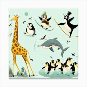 Penguins And Giraffes Canvas Print