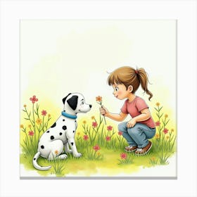 A Dalmatian And A Young Girl Picking Flowers In A Field, Watercolor 1 Canvas Print