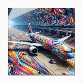 A colorful, abstract painting of an airplane in a hangar. Canvas Print