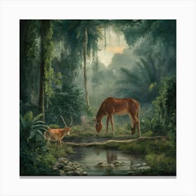 Horse And Deer In The Jungle Canvas Print