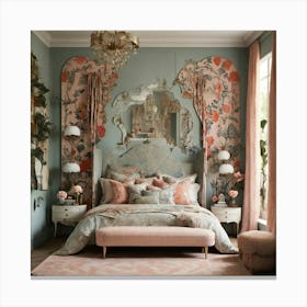 Bedroom With Floral Wallpaper Canvas Print