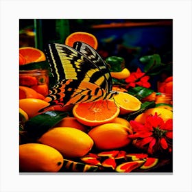 Close up on butterfly near fruits, Butterfly On Oranges Canvas Print