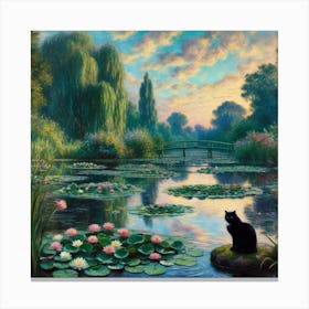 The Water Lily Pond with a Black Cat (Inspired by Claude Monet and Hffancy) 2 Canvas Print