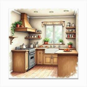 Rustic Kitchen Watercolor Painting, Warm, Homey Feel 1 Canvas Print