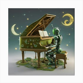 Green Robot Playing A Piano Canvas Print