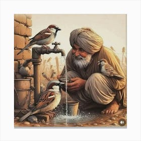 Old Man And Birds Canvas Print