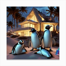 Penguins In Front Of House Canvas Print