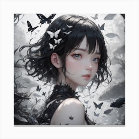 Girl With Black Hair And Butterflies Canvas Print