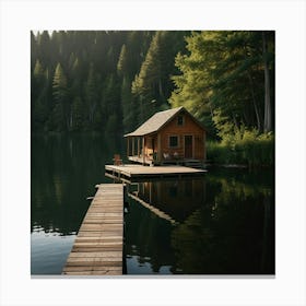 A Peaceful Lakeside Cabin With A Wooden Dock And A Canoe Tied To It 2 Canvas Print