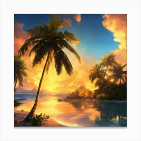 Hawaii Beach At Sunset With Palm Trees Canvas Print
