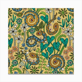 COLOURING BOOK GARDEN SNAKES Doodle Floral Botanical Line Drawing in Retro 70s Colors Canvas Print