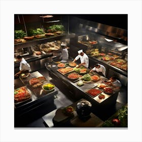 Overhead View Of A Burger Kitchen In Action Chefs Proudly Plating Gourmet Burgers Stunning Stainle 555813656 (3) Canvas Print