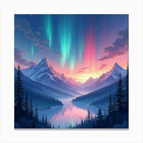 Mystical Aurora Over Enchanted Mountains, Watercolor 1 Canvas Print