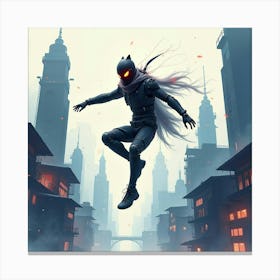 Cyber Assassin Leaping Across Futuristic Rooftops, Watercolor Art 1 Canvas Print