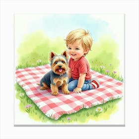 Watercolor Of A Child And A Yorkshire Terrier On A Colorful Picnic Blanket Canvas Print