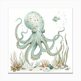 Storybook Style Octopus On The Ocean Floor With Aqua Marine Plants 3 Canvas Print