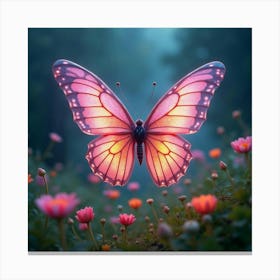 A Dreamy Butterfly With Wings Of Cascading, Neon Ribbons Fluttering Through A Magical Meadow 1 Canvas Print