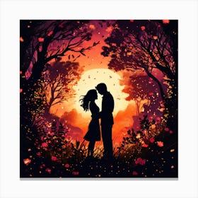 Love In The Forest, Silhouettes Of Two People Hugging Surrounded By Elements Of Nature Flowers Trees Growing , Silhouette Of Couple In The Forest Canvas Print