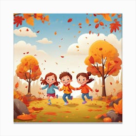 Autumn Children Running In The Park Canvas Print