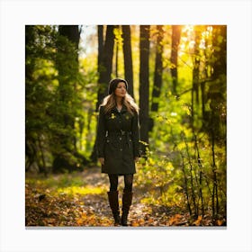 Beautiful Woman In Autumn Forest Photo Canvas Print