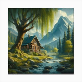 Cabin By The Giant Weeping Willow Early Spring Canvas Print