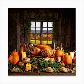 Autumn Feast Featuring Roasted Turkey Garnished With Fresh Herbs Surrounded By Carved Pumpkins Din 2 Canvas Print