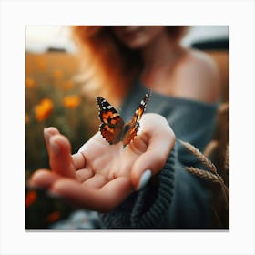 Butterfly In A Woman'S Hand Canvas Print