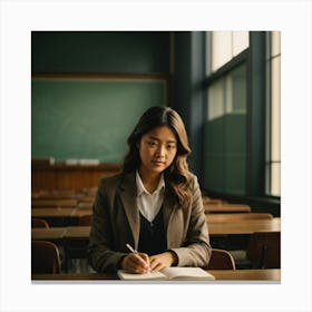 Asian Woman Writing In Notebook In Classroom Canvas Print