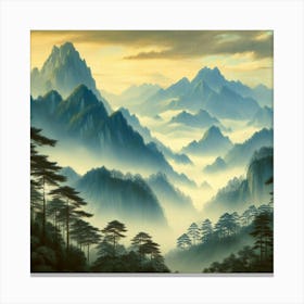 "A serene and misty mountain landscape."Wall poster3 Canvas Print