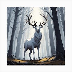 A White Stag In A Fog Forest In Minimalist Style Square Composition 31 Canvas Print