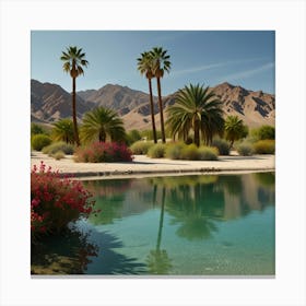 A Tranquil Desert Oasis With Palm Trees, Clear Water, And Blooming Flowers Canvas Print