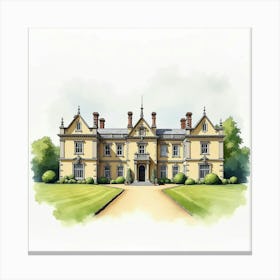 Watercolor Illustration Of The Halton House In Buckinghamshire, Featuring Its Grand Design And Beautiful Grounds Canvas Print