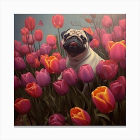 Pug Sitting In Tulips Canvas Print