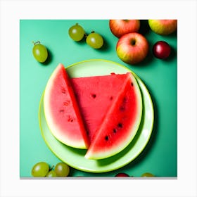 Watermelon Green Grapes Green And Red Apples On A Plate And A Calm Background (1) (1) Canvas Print