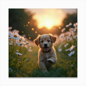 A Playful Puppy Chasing Colorful Fireflies Through A Field Of Giant Daisies At Dusk Canvas Print