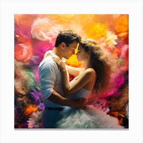 Young Couple In Love With Flowers. Fairytale Wedding Canvas Print