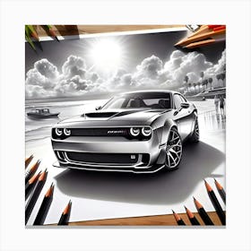 A Pencil Drawing Of A Dodge Hellcat At A Beach Front 3 Canvas Print