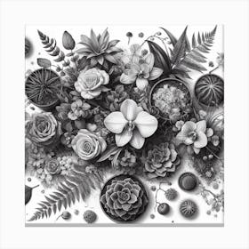 Botanical Garden: A Realistic and Detailed Drawing of a Variety of Flowers and Plants Canvas Print