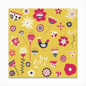 Scandinavian Folk Flowers And Birds Yellow Canvas Print