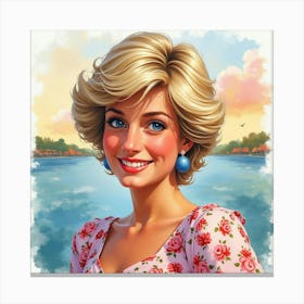 Smiling Princess Diana, Watercolor Swirls And Colorful Scenery 1 Canvas Print