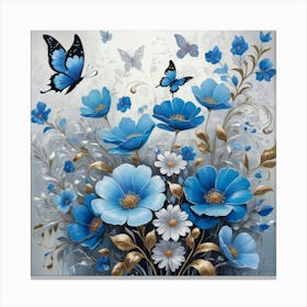 Blue Flowers With Butterflies Canvas Print